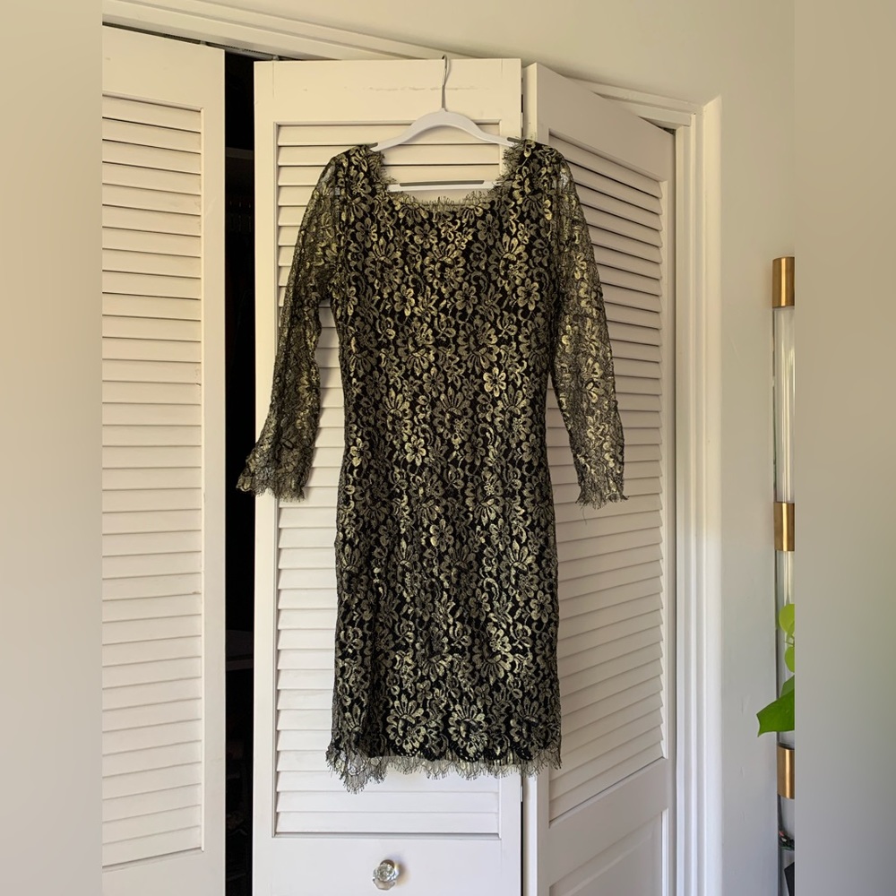 Diane Von Furstenberg black and gold lace fancy party dress